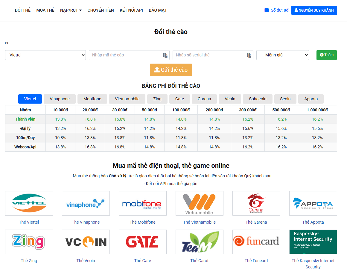 Mã nguồn gạch thẻ cào có nạp topup (nguồn youtube)